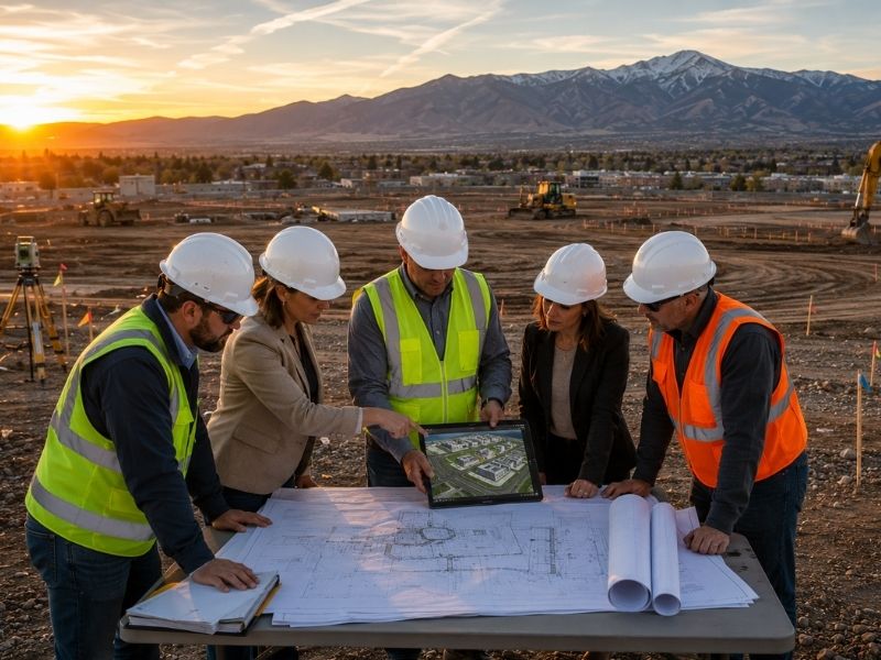 Civil engineering company team collaborating with a developer and contractor at a commercial development site in Colorado Springs, CO during early project planning.