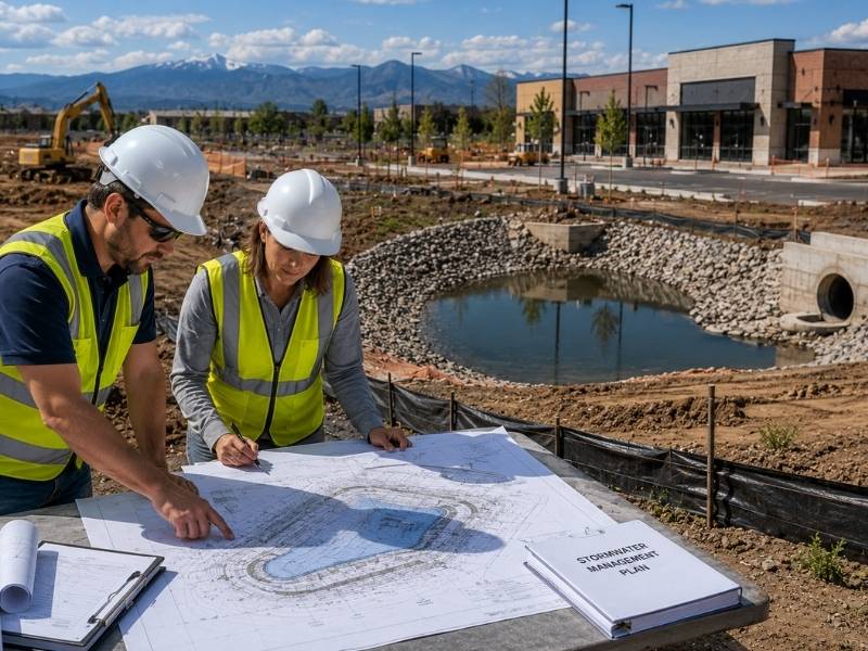 Civil engineers reviewing a stormwater design plan at a commercial development site in Colorado Springs, CO before final site approval.