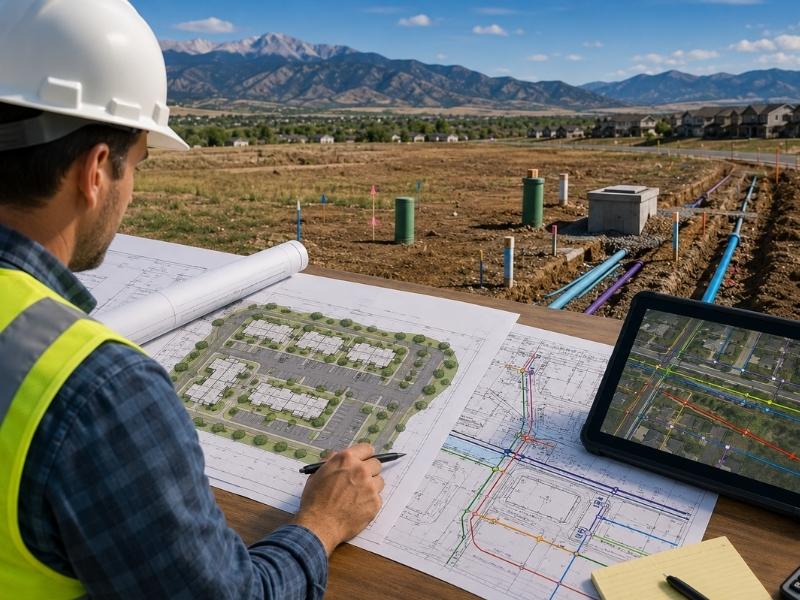 Civil engineer reviewing land development plans and utility layouts before construction after a utility availability review revealed infrastructure constraints.
