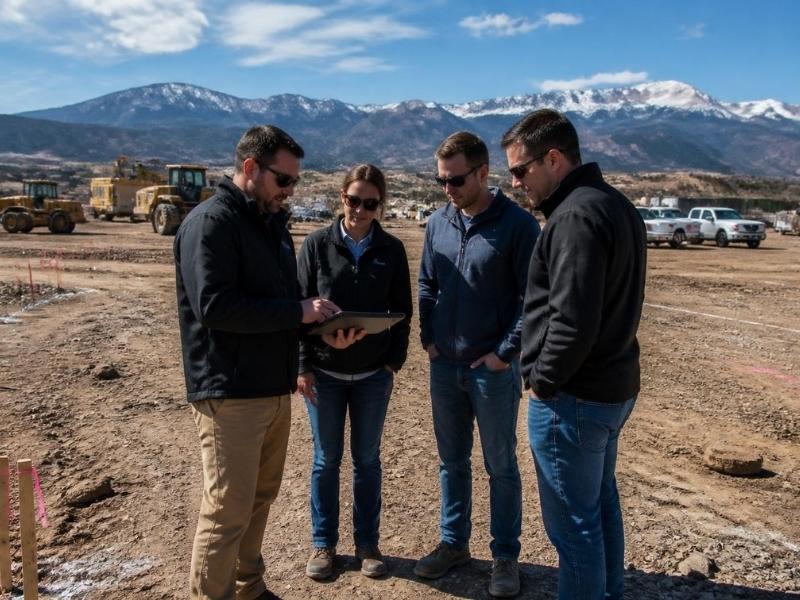 Construction manager reviewing site plans with the project team before ground is broken in Colorado Springs.