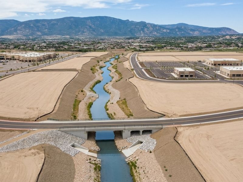 Aerial view of a drainage channel, culvert, roads, and commercial development areas in Colorado Springs.