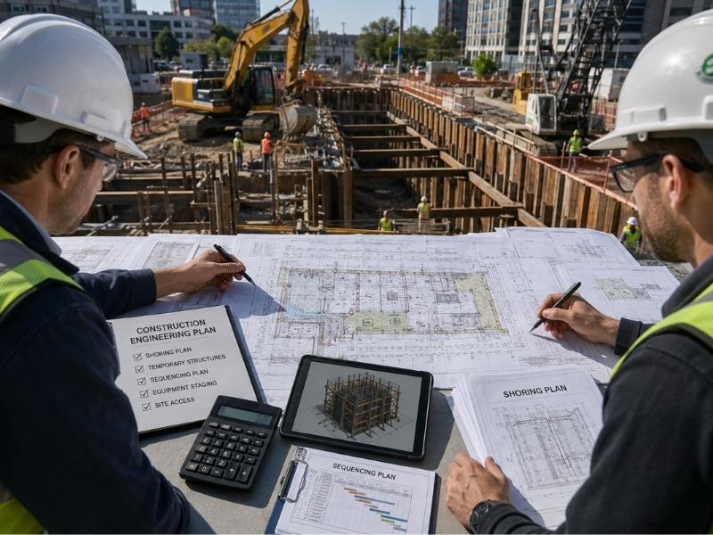 Construction engineers reviewing shoring plans, sequencing documents, and site layouts before equipment mobilization at a commercial construction project in Colorado Springs, CO.