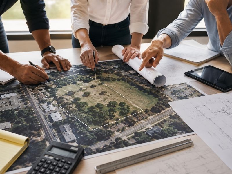 Land planning team reviewing an aerial property map, survey plans, and site development drawings during commercial due diligence in Colorado Springs, CO.