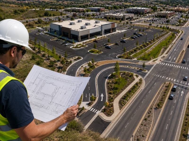 Civil engineer reviewing a commercial site plan overlooking a roadway and commercial development in Colorado Springs, Colorado to evaluate traffic flow and site access.