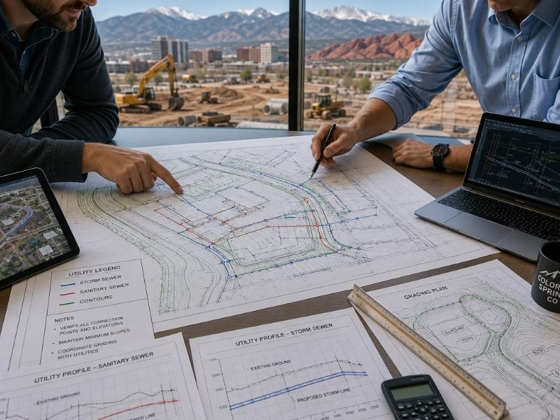 Professional civil engineers reviewing utility and grading plans to coordinate underground infrastructure and site elevations for a commercial development in Colorado Springs, CO.
