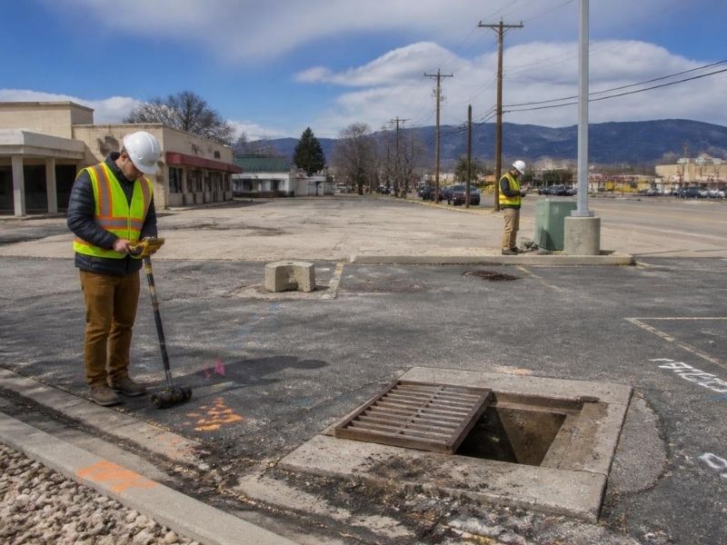 Civil engineers reviewing underground utilities, drainage structures, and site conditions before redevelopment design in Colorado Springs, Colorado.