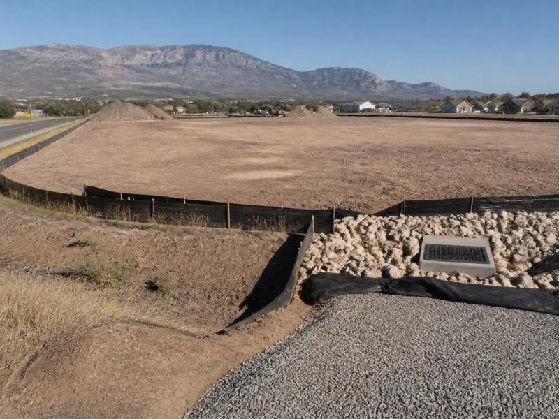 Erosion control measures with silt fencing, inlet protection, and a stabilized entrance at a construction site in Colorado Springs, Colorado.
