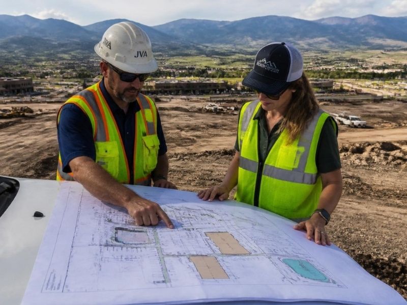 Civil engineer reviewing a commercial site plan before permit approval for a development project in Colorado Springs, CO.
