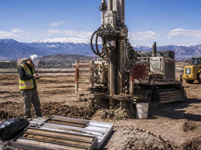 Geotechnical drilling rig collecting soil samples before earthwork begins on a commercial development site in Colorado Springs, CO.