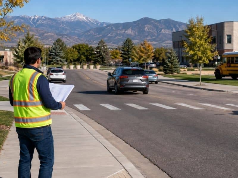 Traffic engineer reviewing traffic flow near a Colorado Springs school campus