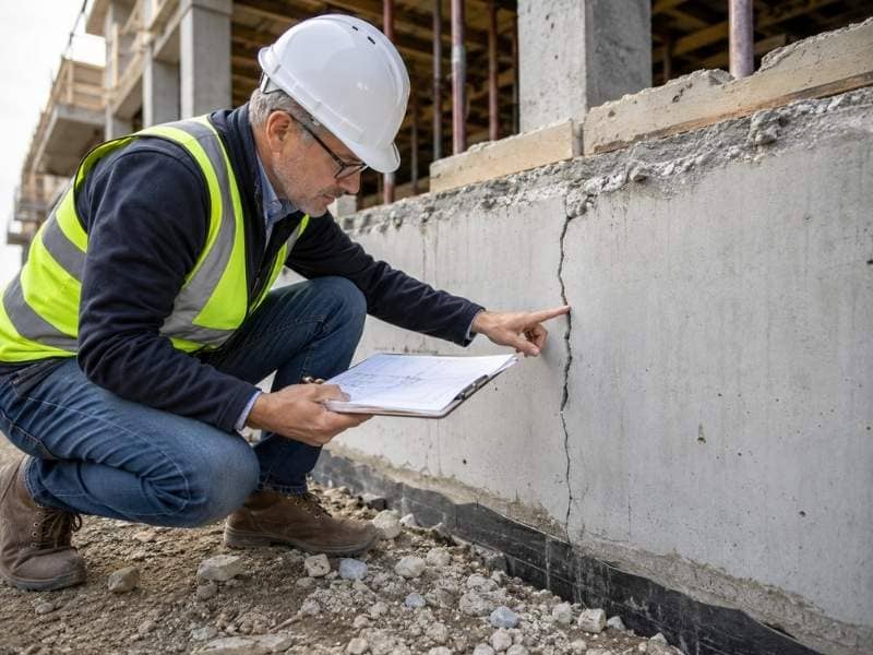 Engineering expert witness inspecting a construction defect during a building evaluation in Colorado Springs