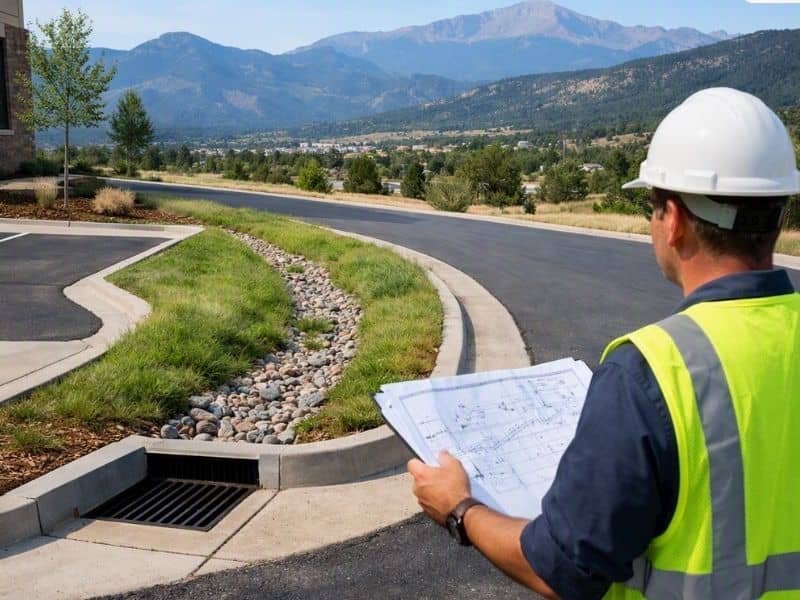 Civil engineer reviewing a grading plan beside a drainage swale and curb inlet on a sloped site in Colorado Springs, Colorado