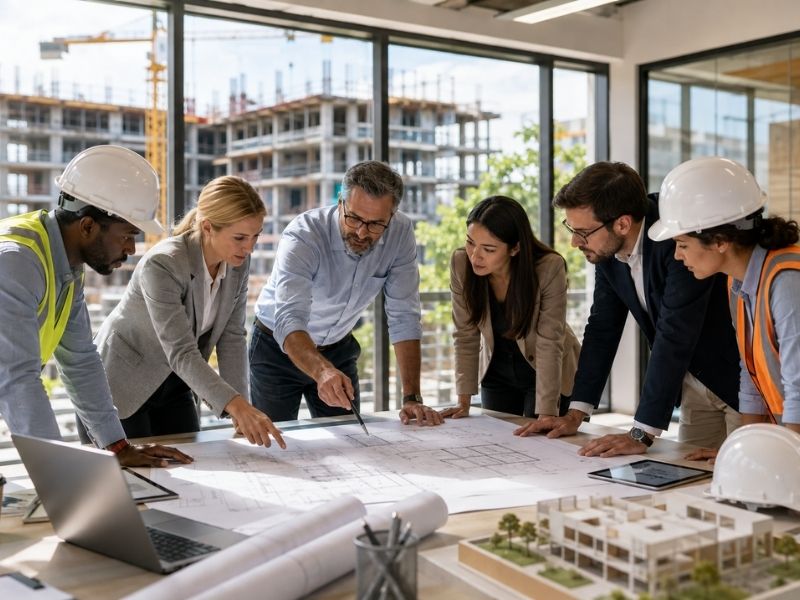 Engineering project management team coordinating civil, structural, and architectural plans for a construction project in Colorado Springs, CO.