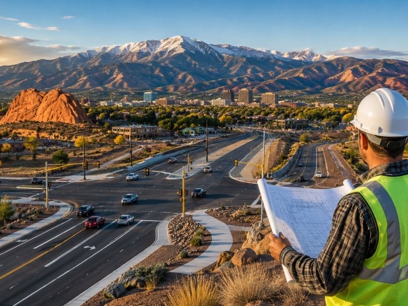 Roadway engineer reviewing roadway design plans for long-term traffic flow improvements in Colorado Springs, CO.
