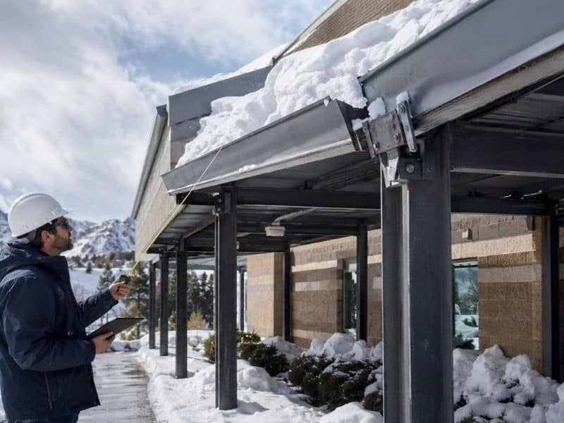Structural engineer assessing a snow-damaged canopy near Colorado Springs