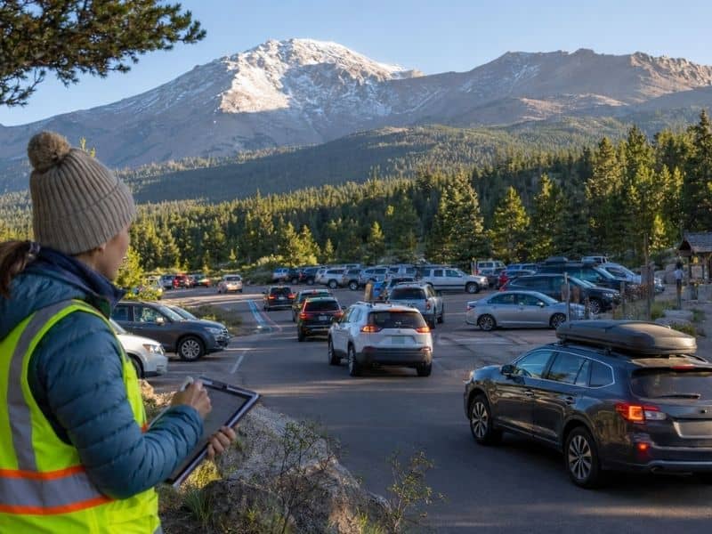 Transportation engineer monitoring crowded trailhead parking and vehicle arrivals near Pikes Peak